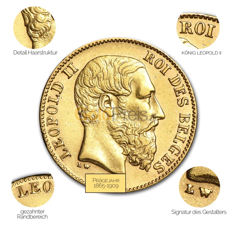 Goldmünze 20 Francs Leopold II - Details des Revers