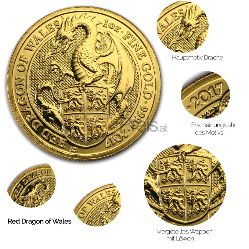 Details der Goldmünze Queen's Beasts - Red Dragon of Wales
