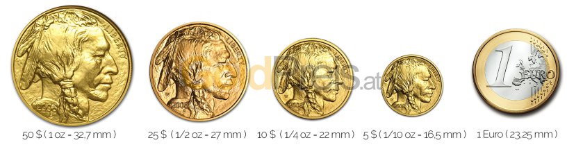Größenvergleich American Buffalo Goldmünze mit 1 Euro-Stück