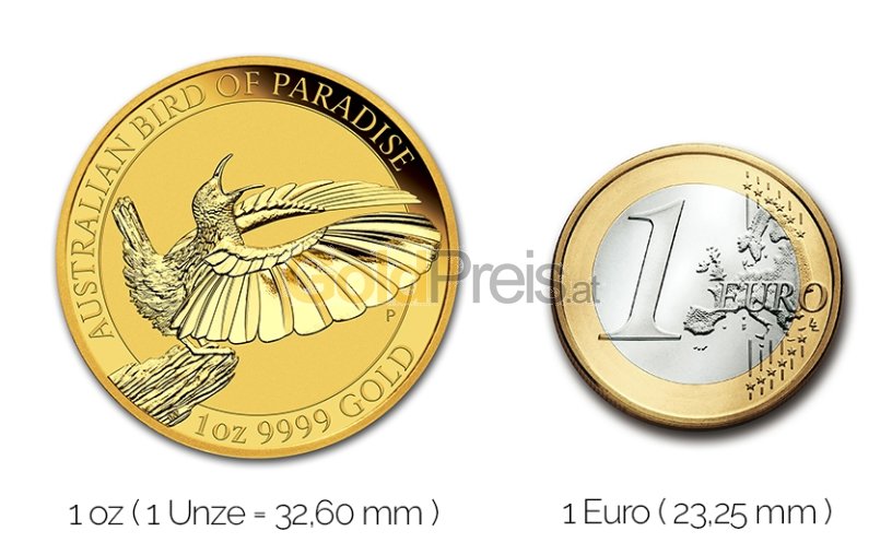 Größenvergleich Bird of Paradise Goldmünze mit 1 Euro-Stück