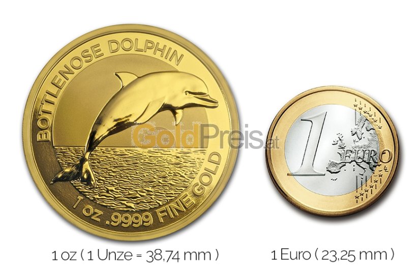 Größenvergleich Bottlenose Dolphin Goldmünze mit 1 Euro-Stück
