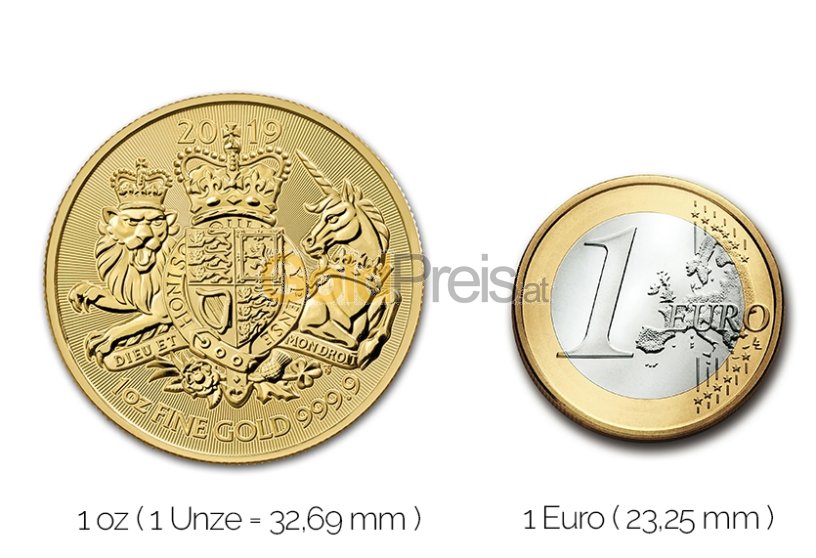 Größenvergleich The Royal Arms Goldmünze mit 1 Euro-Stück