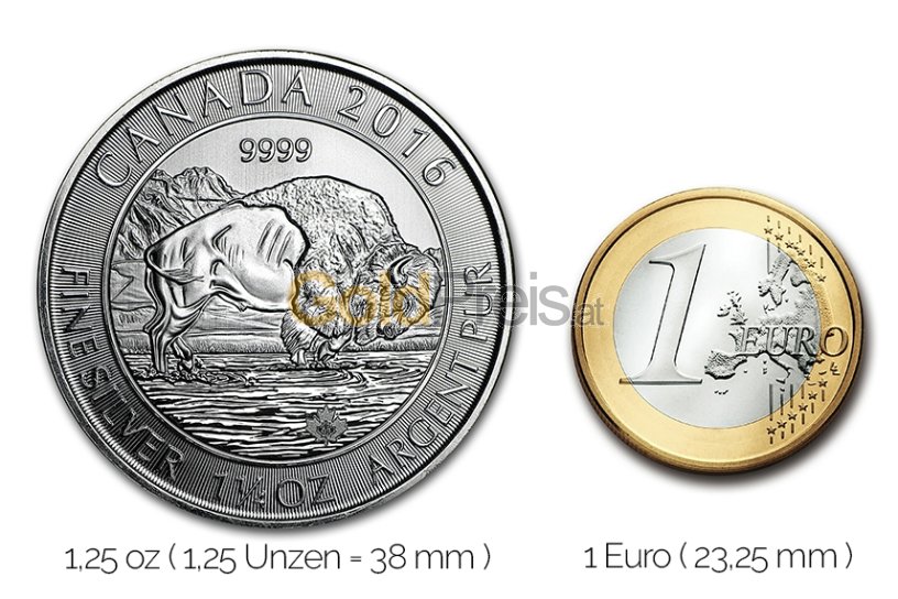 Größenvergleich Bison Kanada  Silbermünze mit 1 Euro-Stück