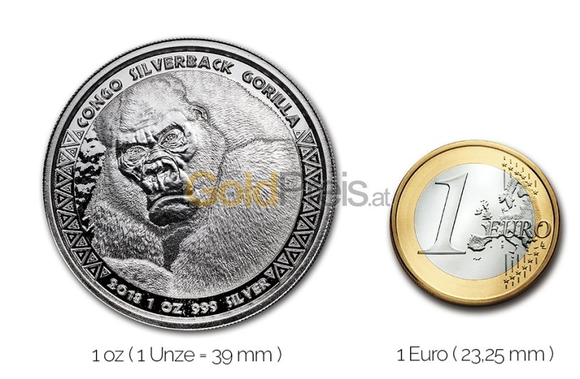 Größenvergleich Congo Silverback Gorilla Silbermünze mit 1 Euro-Stück