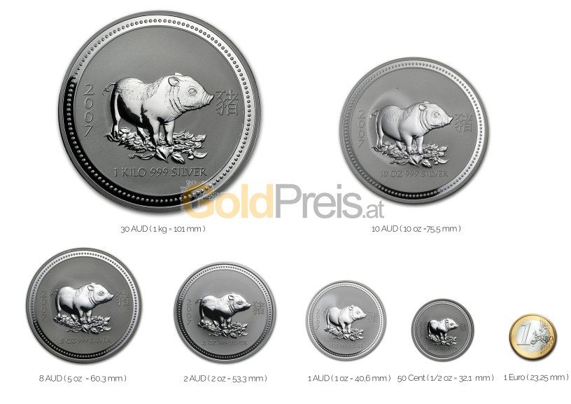 Größenvergleich Lunar Serie I Silbermünze mit 1 Euro-Stück