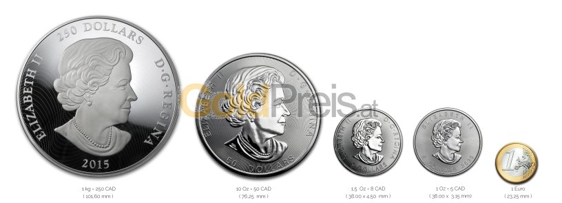 Größenvergleich Maple Leaf Silbermünze mit 1 Euro-Stück