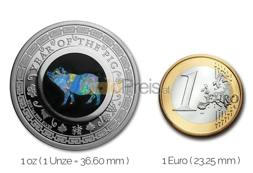 Größenvergleich Australian Opal Series Silbermünze mit 1 Euro-Stück
