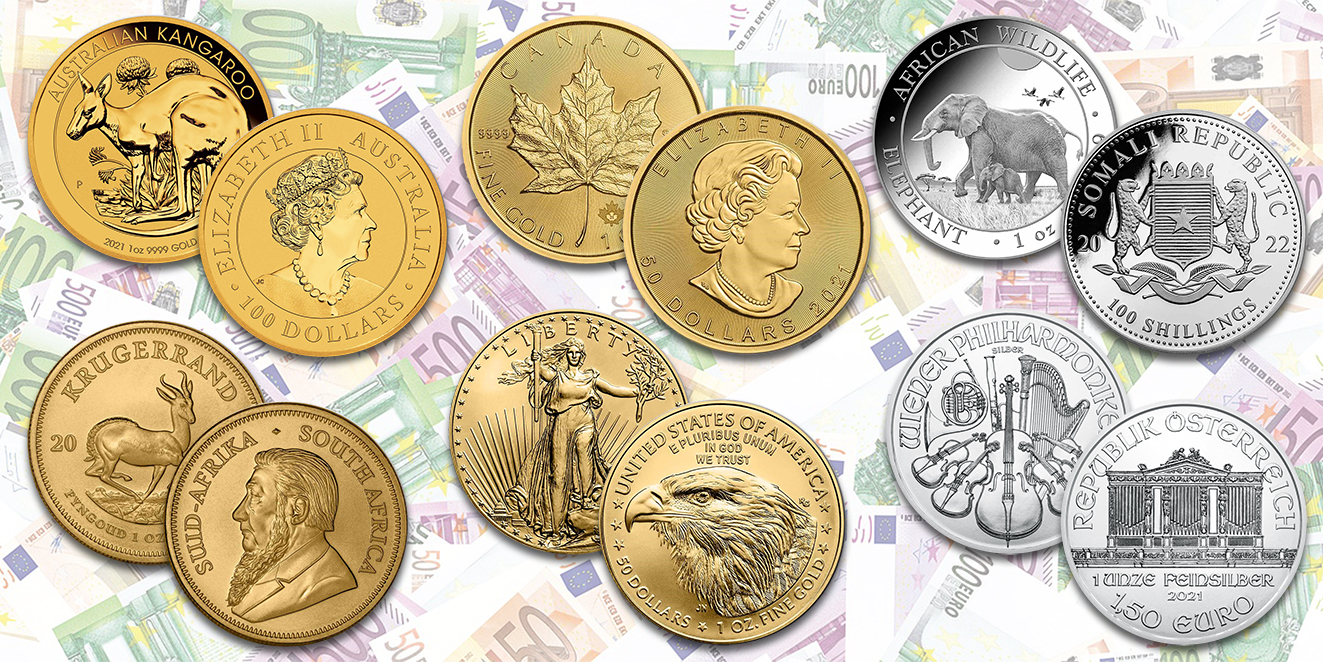 Hier sind klassische Anlagemünzen aus Gold und Silber abgebildet, die alle über einen Nennwert in der Landeswährung verfügen (Ausnahme Gold-Krügerrand) und als Zahlungsmittel eingesetzt werden können. Doch Vorsicht: Das Nominal ist formal und liegt weit unter dem Wert des Edelmetalls.
