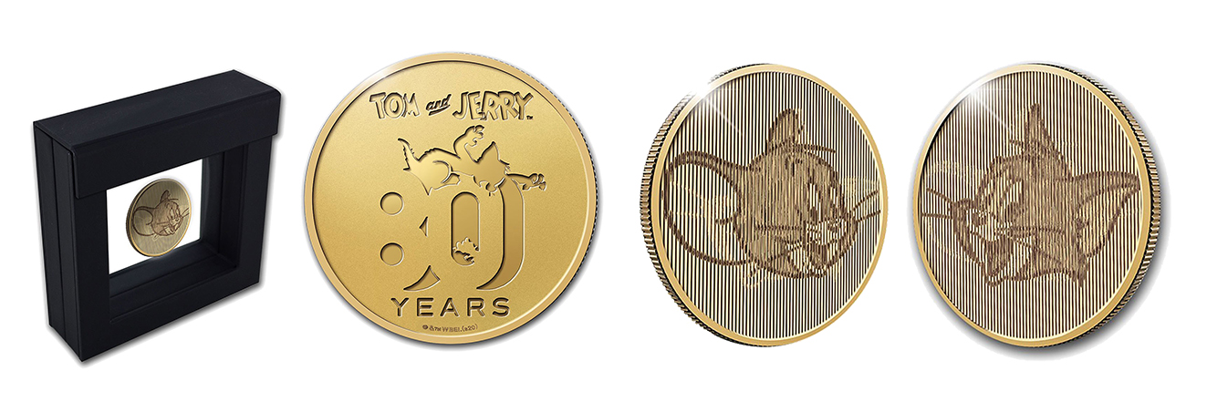 Zum 80. Jubiläum der Zeichentrickserie »Tom und Jerry« brachte die Royal Dutch Mint unter Lizenz von Warner Brothers 2020 diese Goldmedaille mit Multiview heraus: Je nach Lichteinfall erscheinen entweder Kater Tom oder Maus Jerry. Sie besteht aus 999,9/1000 Gold in der Größe zu 1 Unze. Auflage nur 80 Stück.