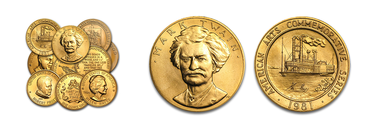 American Arts Commemorative Series zu 1 Goldunze. Die Goldmedaillen wurden von der US Mint zwischen 1980 und 1984 mit unterschiedlichen Vorder- und Rückseitenmotiven ausgegeben. Sie sollten den gleichen Stellenwert wie der Krügerrand bekommen.