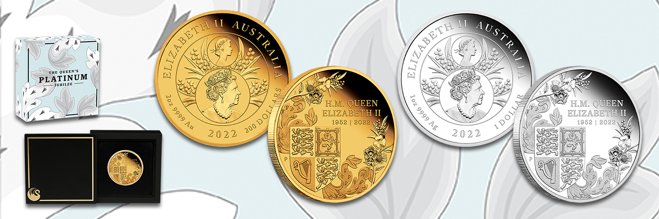 Sonderausgabe der Perth Mint in Gold und Silber zum 70. Thronjubiläum Queen Elizabeth II. 2022 in limitierten Auflagen.