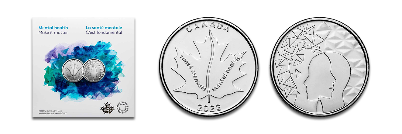 Die Medaille Mental Health 2022 der Royal Canadian Mint ist den Menschen in Kanada gewidmet, deren psychische Gesundheit durch die Covid-19-Pandemie gelitten hat. Sie besteht aus vernickeltem Stahl und trägt das Wahrzeichen Kanadas – das Ahornblatt.